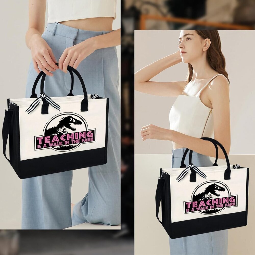 Teacher Tote Bag Canvas Large Capacity Zipper Pouch Adjustable Straps - Picture 4 of 6